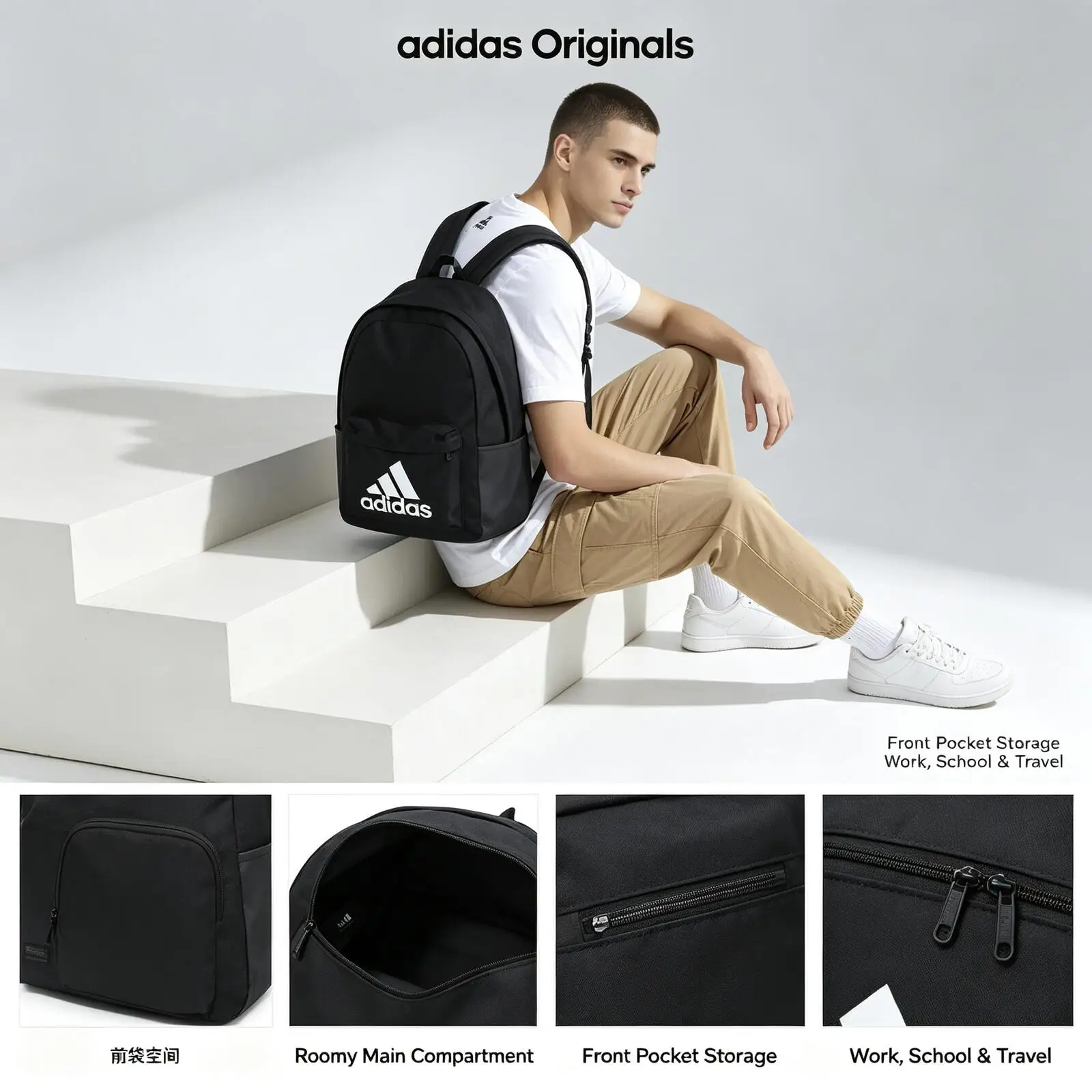 Adidas Originals Classic White Logo Casual Daypack Front Pocket Adjustable Shoulder Straps School Travel Daily Rucksack
