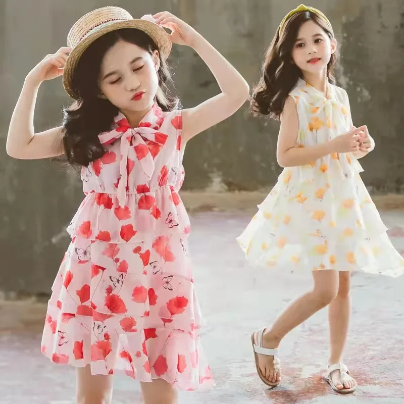 Summer Girls Sleeveless Dress 2023 Kids Tiered Skirt Bohemia Beach Dress For Girl Teen Children Dresses Vestidos 6 8 10 12 Year