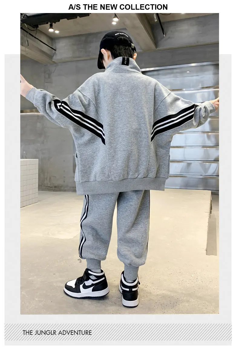 Teenager-Jungen-Bekleidungsset Kinder-Trainingsanzug Schwarz Grau Baumwolle Lose Oberteile Hosen Kinder-Outfits Jungen-Sportbekleidung 4 5 6 7 8 10 12 14 Jahre – Detail 3