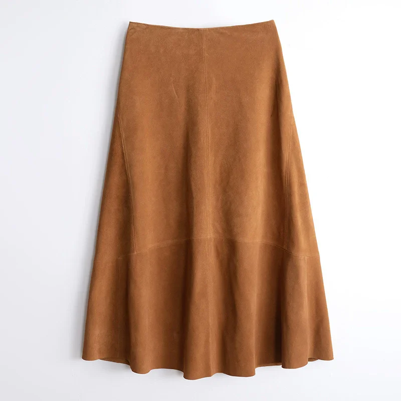 

Коричневые/кофейные женские юбки из натуральной кожи в стиле ретро, классические женские повседневные тонкие кожаные юбки трапециевидной формы из овчины и замши с высокой талией