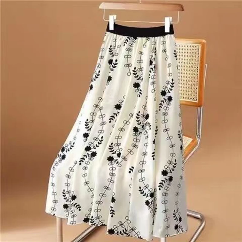 2022 Summer New Elegant Fashion All-match A-line Skirt Women High Waist Printed Aesthetic Chic Chiffon Drape Pleated Lady Skirt