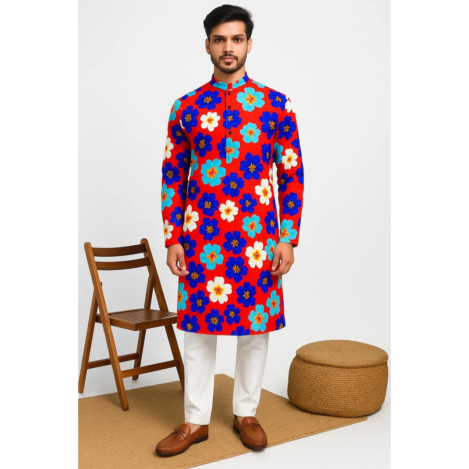 قمصان رجالية مسلم بسيطة قميص غير رسمي الطباعة العرقية 2025 نمط قميص طويل الأكمام الوقوف طوق البرق بلوزة رقيقة #5