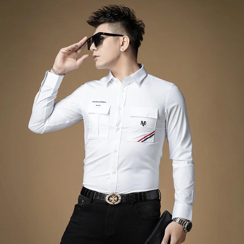 

White Long Sleeve Men's Shirt Autumn New Style Fashion Brand Collared Slim Fit Youthful Trendy Workwear Top for Men