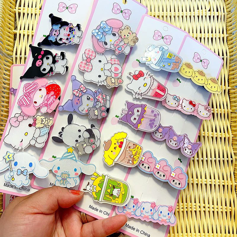 Sanrio dos desenhos animados grampo de cabelo para meninas, Duckbill Hairpin, simples acessórios de cabelo, kawaii, cinnamoroll, Kuromi, minha melodia, Hello Kitty, presente, 5pcs