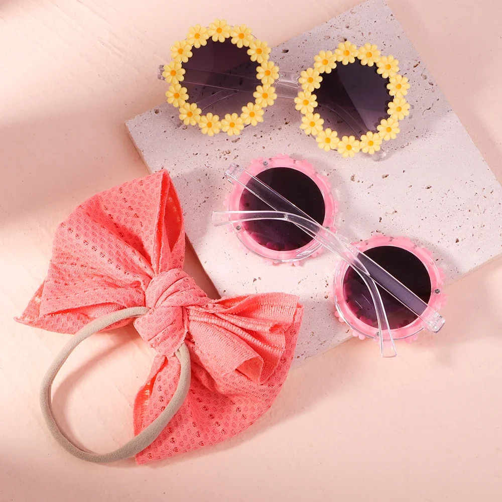 2Pcs Kids Sunglasses Headband Set Baby Unglasses Elastic Nylon Headband Bohemia Beach Seaside Sun Glasses Kids Bow Headwear