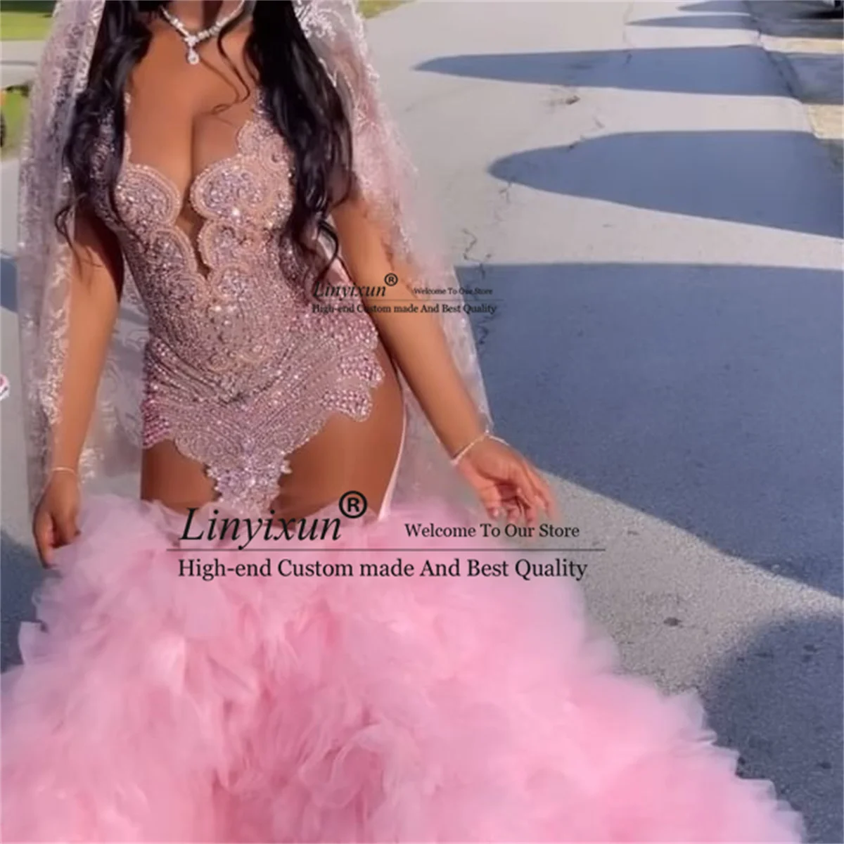 Luxury Diamonds Long Prom Dress Customizd For Black Girls Crystal Rhinestone Beading Tiered Ruffle Birthday Party Dress Robe