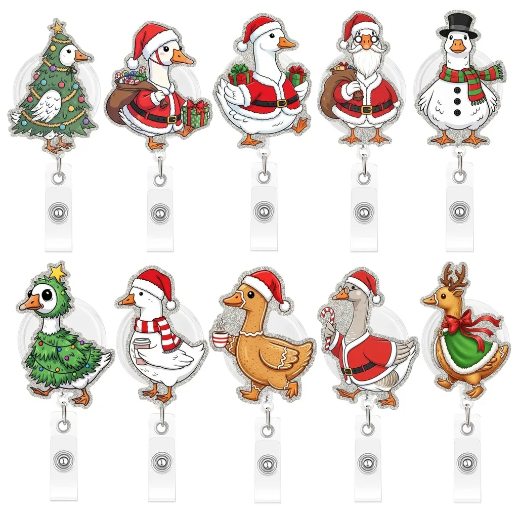 Christmas Cute Goose ID Badge Clip Glitter Acrylic Retractable Badge Reel Holder Keys Bags Holiday Gift Rotatable Alligator Clip