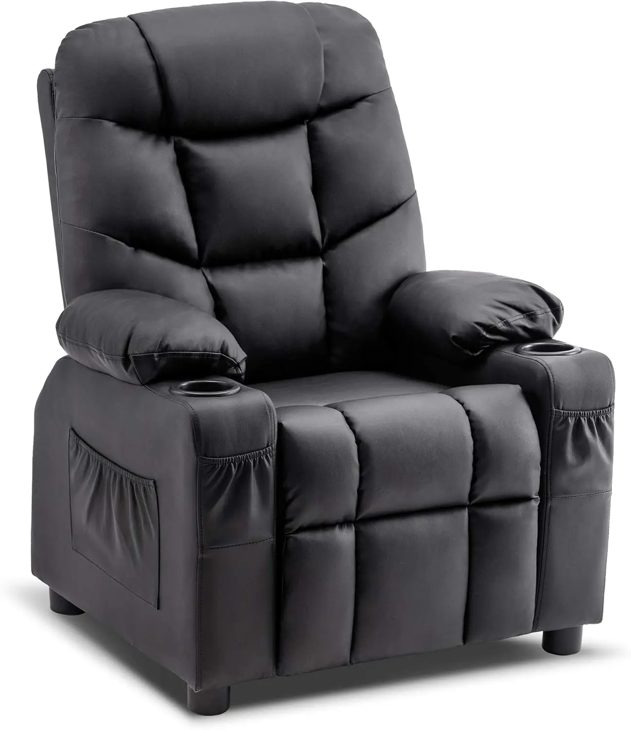 Big Kids Recliner Chair with Cup Holders for Boys and Girls Room, 2 Side Pockets, 3+ Age Group, Faux Leather 7366 (Black)