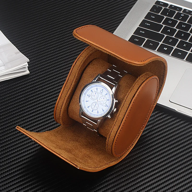 

PU Leather Watch Case Men Portable Travel Watch Storage Box Single Watch Display Organizer with Removable Velvet Pillow Holder