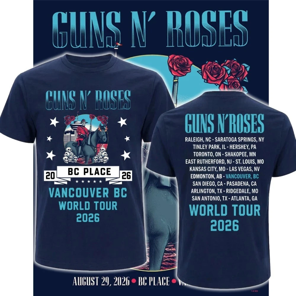 Retro Guns N' Roses 2026 World Tour T‑Shirt Men Vancouver BC Place Skull Rose Horse Graphic Double‑Sided Print Streetwear