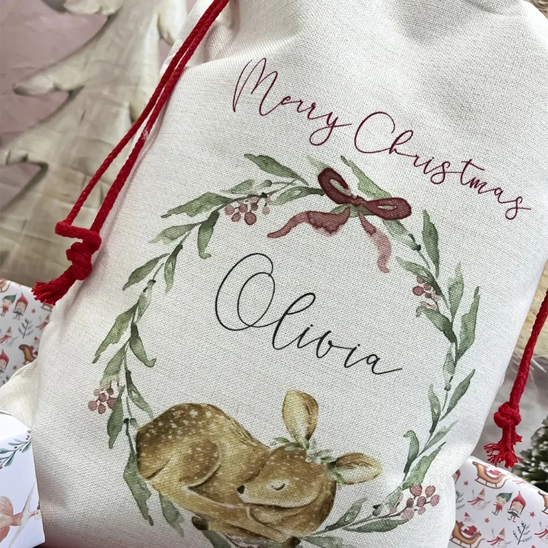 personalised baby boy girl 1st first Christmas 2024 Woodland animal Fawn Deer Santa sack Merry Xmas stocking present gift Bag