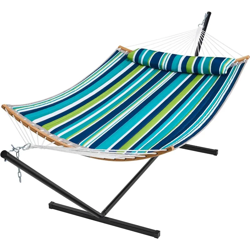 

Hammock with Stand, 2 Person Heavy Duty Hammock with Padded Cotton, Detachable Pillow & Strong Curved-Bar & Portable Carrying