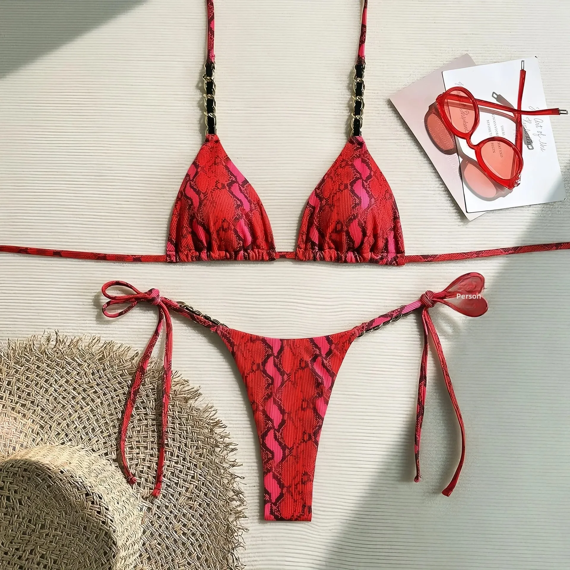 

Sexy Printed Bikini Swimsuit Women's Crossbody Strap Design Fashionable Split Swimwear Neck Hanging Trendy Beachwear