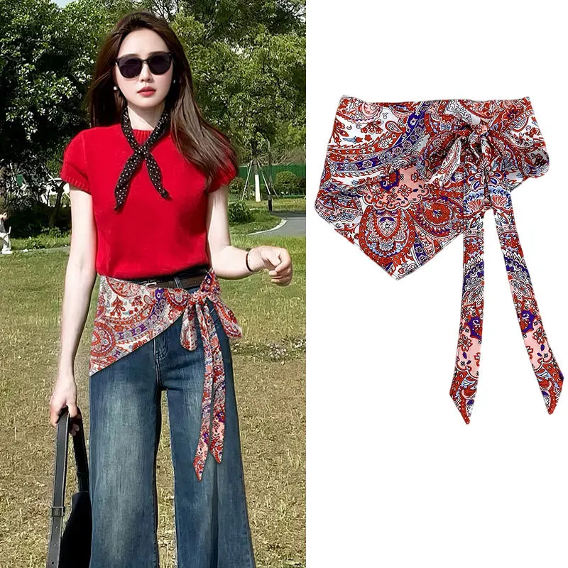 Flor de caju lenço triangular cortina de peido feminino empilhado usar acessórios de alta qualidade estilo étnico cinto selo com saia