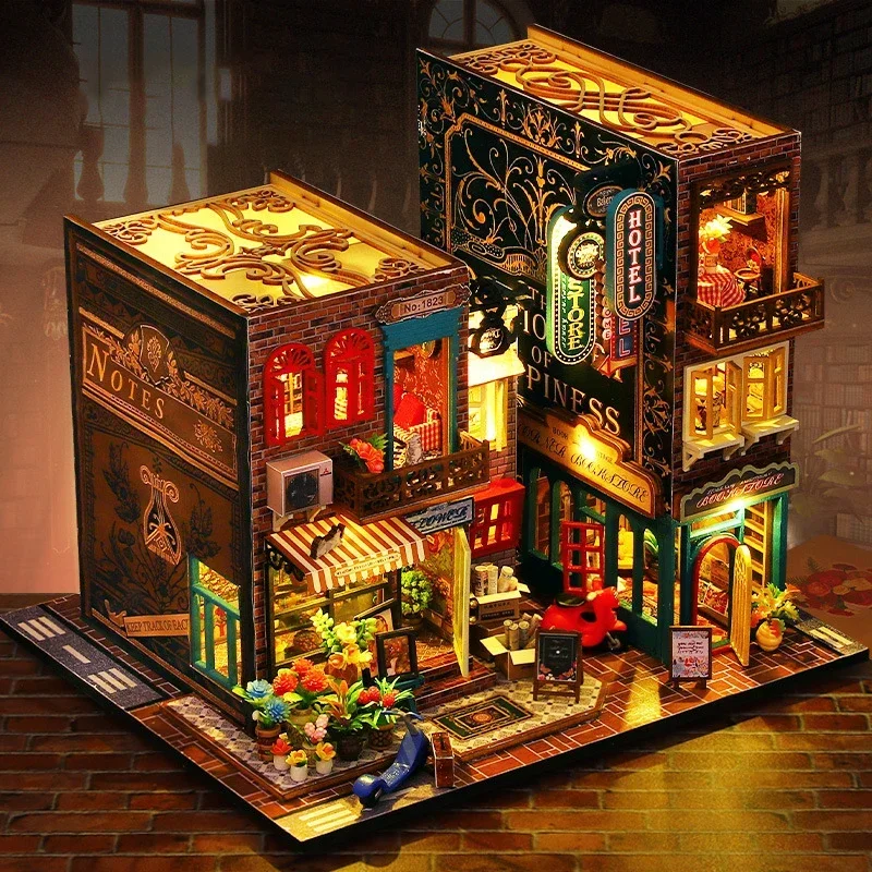 

NEW Retro DIY Wooden Scarbrough Hotel Doll House Miniature Kits With Furniture LED Lights Home Decoration Adult Handmade Gifts