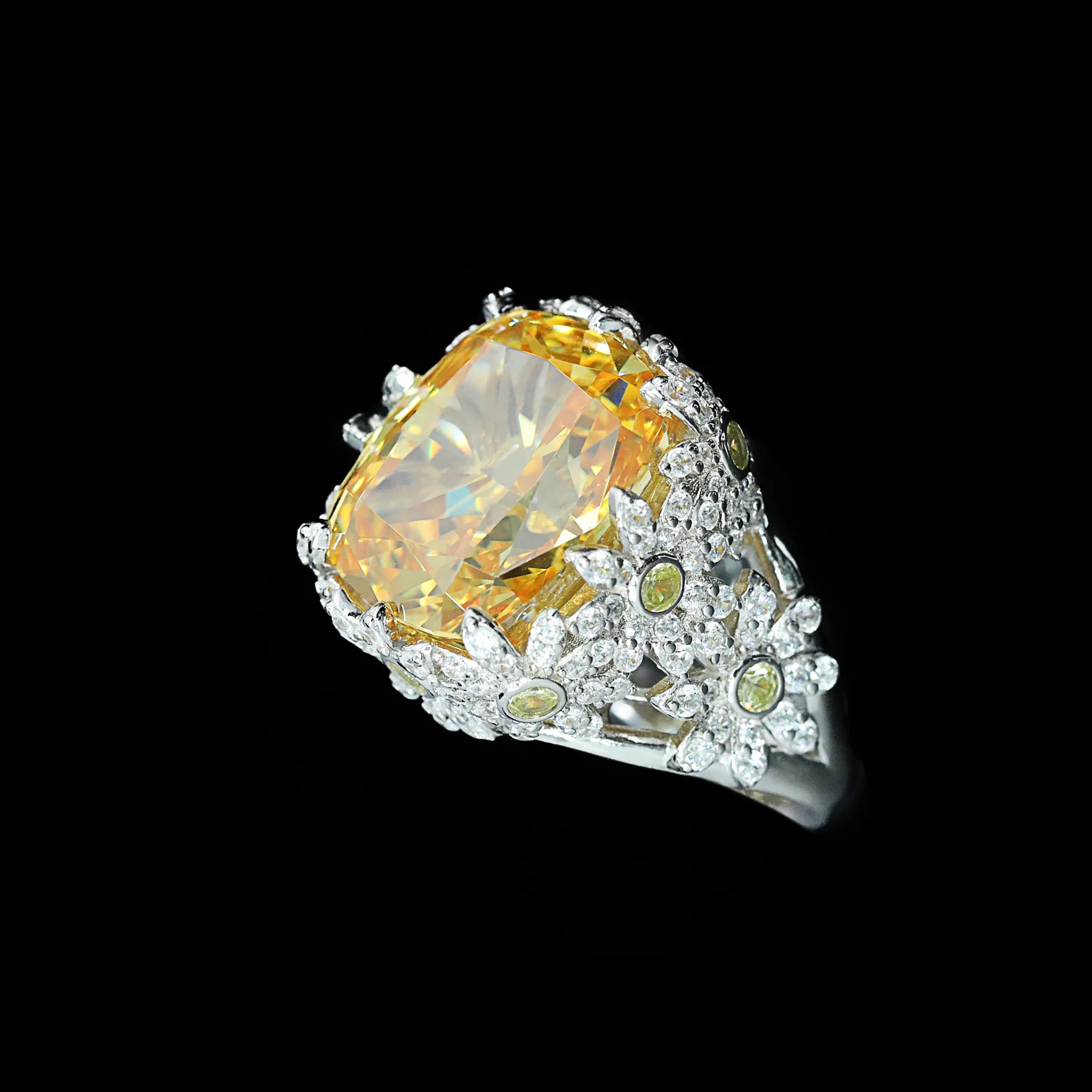 

New S925 Silver Ring High Carbon Diamond Colorful Yellow Reddian Daisy Party Versatile Girl Ring Wedding Jewelry