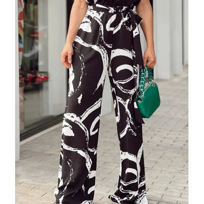 Women\'s Elegant Waist Halter Jumpsuit Casual Print With Belt Sleeveless Wide Leg Long Pant 2024 Summer New Women Clothing