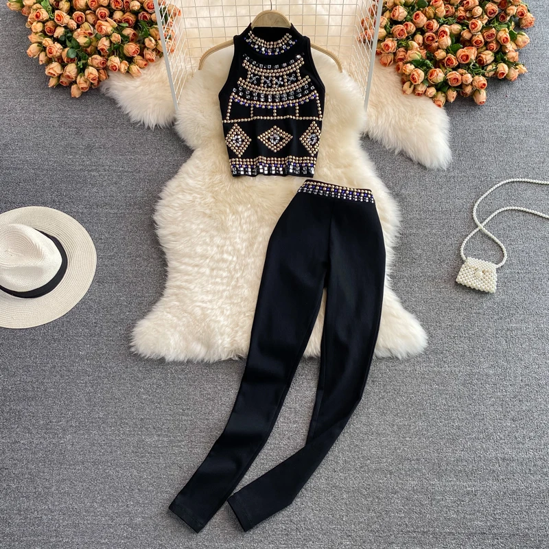 

Faionable Slim Fit Tank Top with Heavy Rhinestones Svel Women's Set with High Waist Elastic Long Pants Summer Outfit