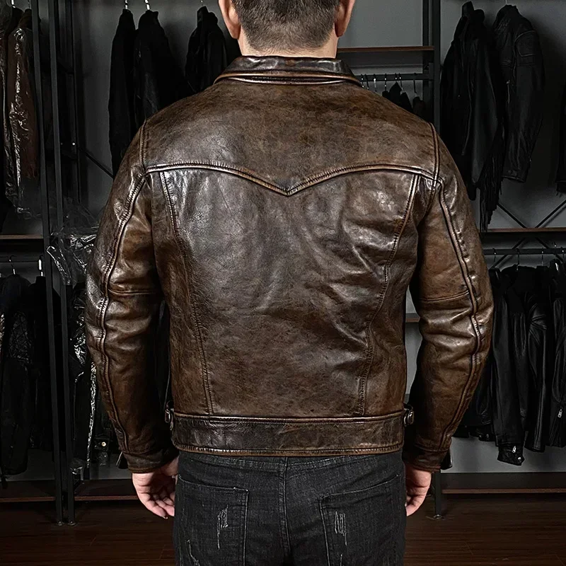 High Quality New Fashion Outdoor Motorbike Oiled Waxed Horsehide Jacket Vintage Men's Genuine Leather Casual Coat Clothes