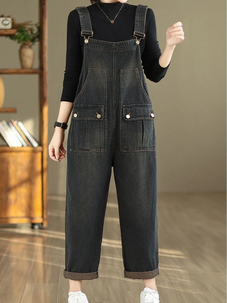 

Ковбойские комбинезоны, женские осенние новые корейские версии, модный свободный повседневный универсальный ретро-карго, девять укороченных комбинезонов