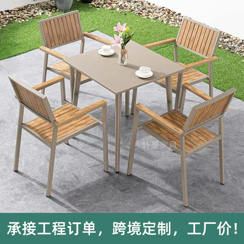 Teak color oil printed outdoor table  plastic wood imitation wooden chair aluminum waterproof table and chair combination