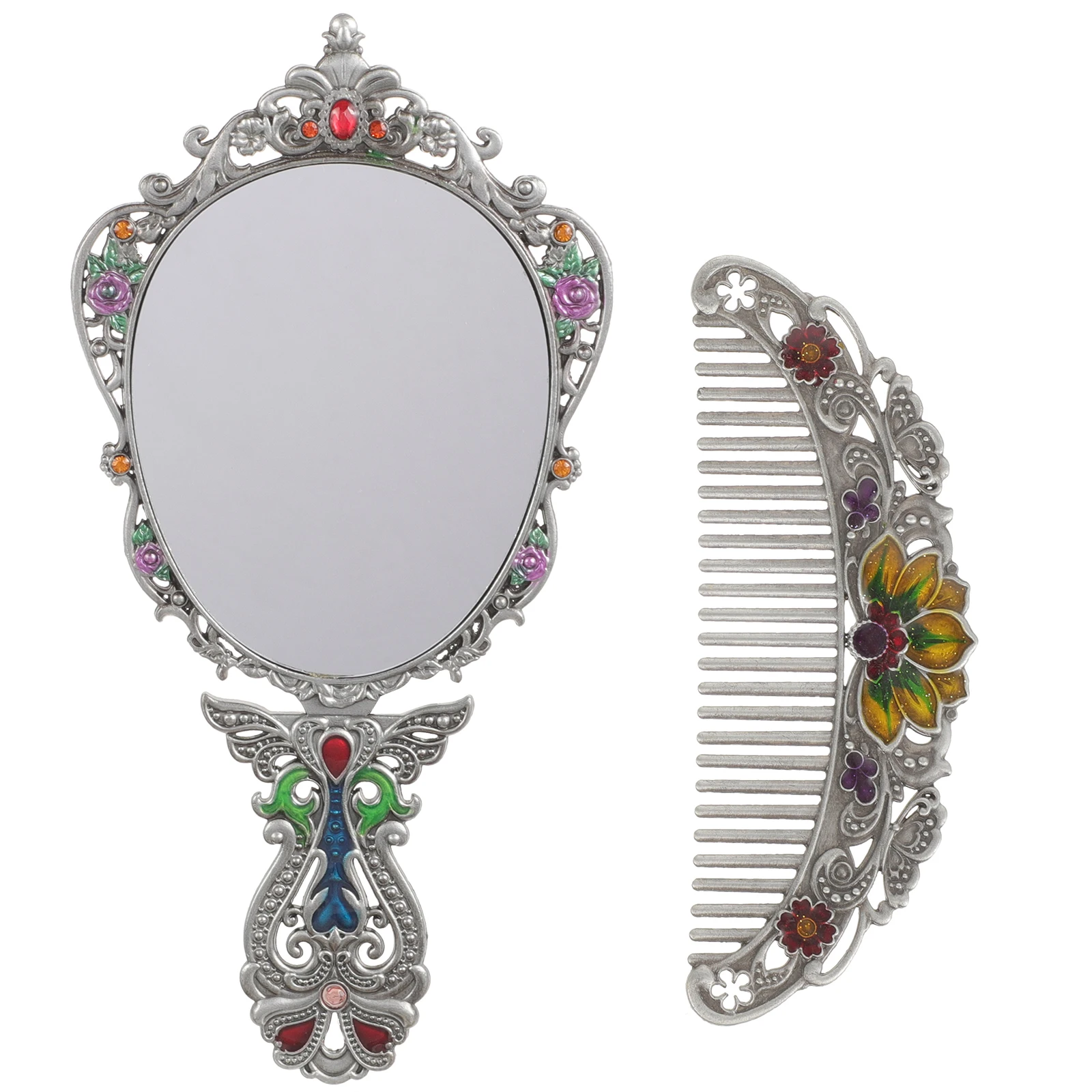 مجموعة واحدة من مرآة المكياج العتيقة المعدنية المحمولة القابلة للطي ومجموعة مشط مرآة محمولة بتصميم رائع ومتينة هدية للنساء #3