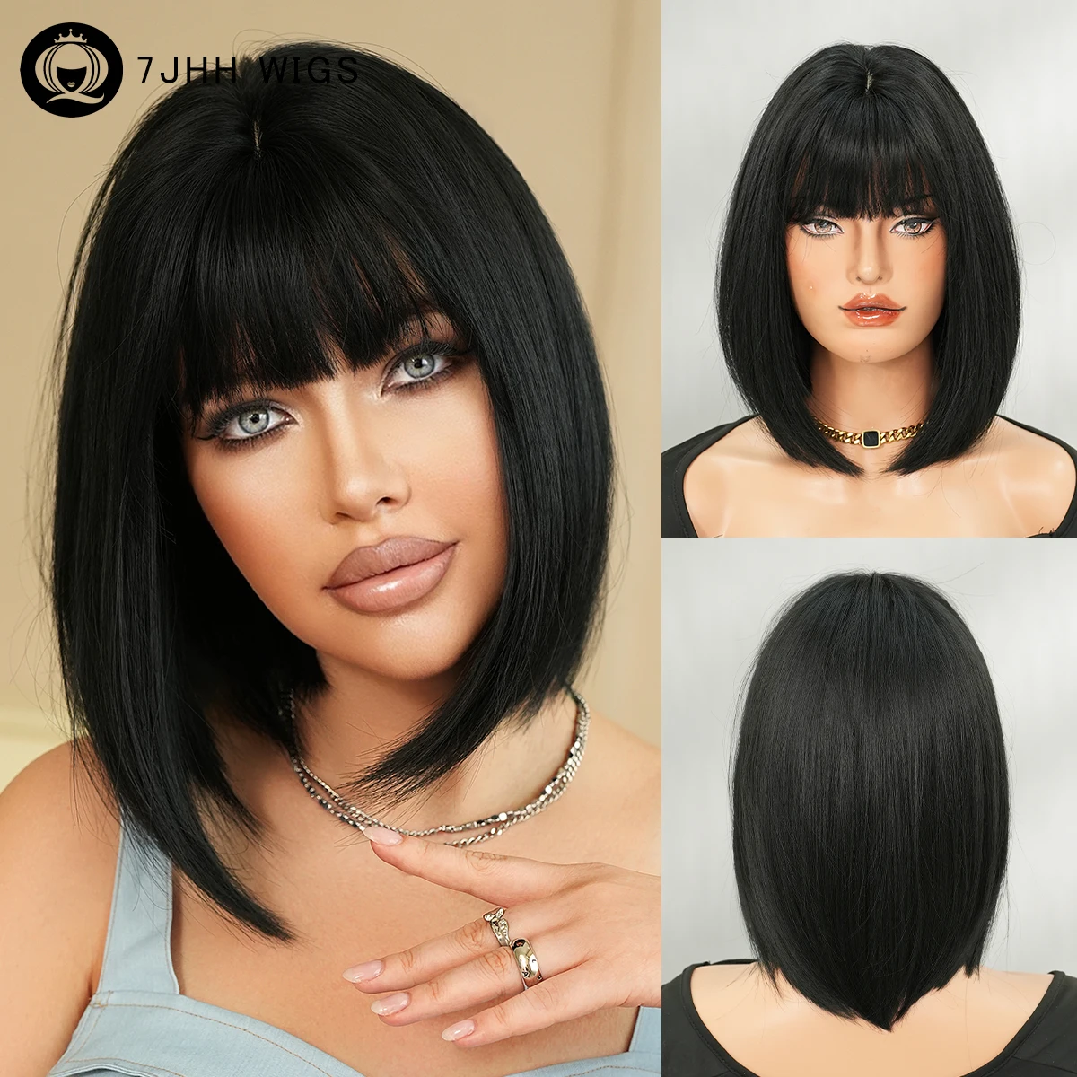 Short Straight Black Bob Wig for Women Daily Use High Density Synthetic Heat-Resistant Wigs with Neat Bangs Beginner Friendly