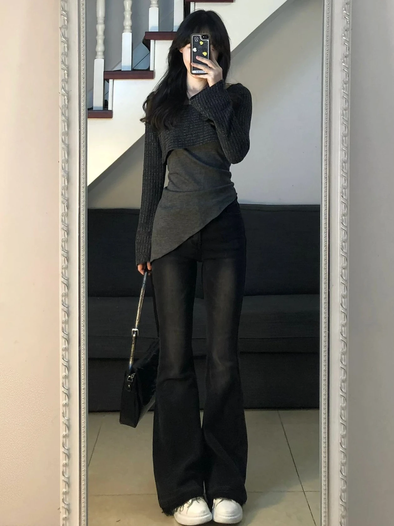 Coreano sle sexy camisola de malha feminina início do outono retro assimétrico design único high end sentimento topo na moda faion