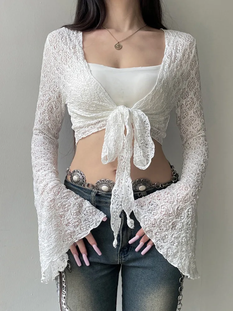 Y2k Aesthetic Harajuku White Lace Jacquard Cardigans Hollow Out Streetwear Sexy Fairy Tops Slim Vintage Cropped Grunge Knitwear