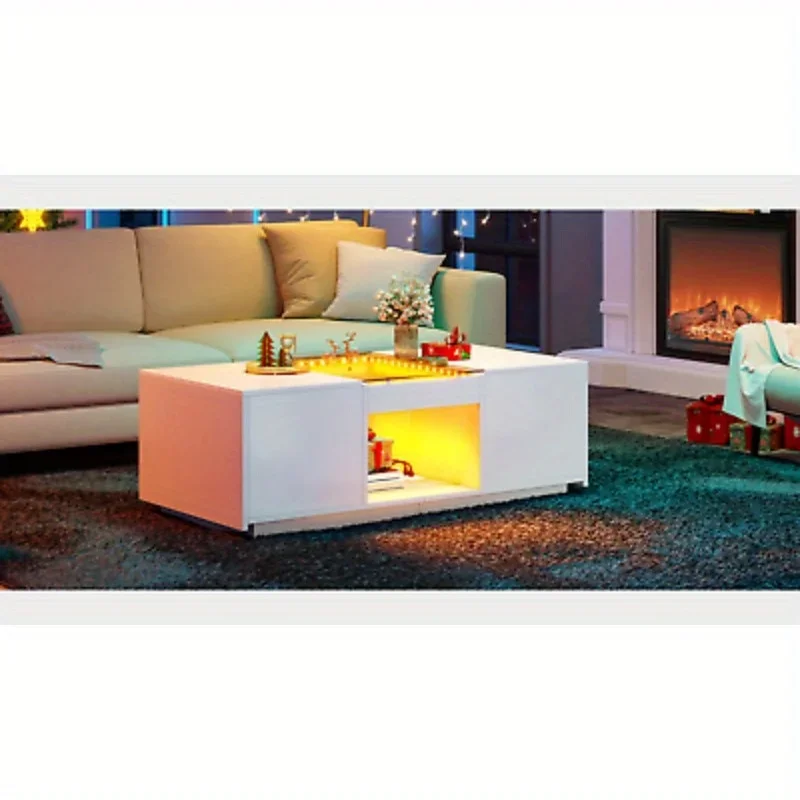 Mesa de centro moderna LED com tomadas de energia Mesa de sala de estar branca com 2 gavetas