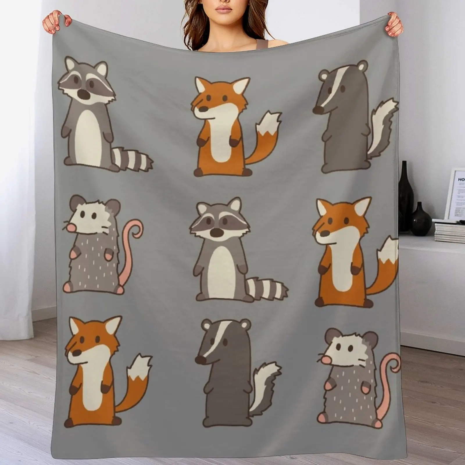 

fox, raccoon, opossum & skunk woodland friends #3 Throw Blanket Moving Luxury Designer Sofa Decorative Sofa Blankets