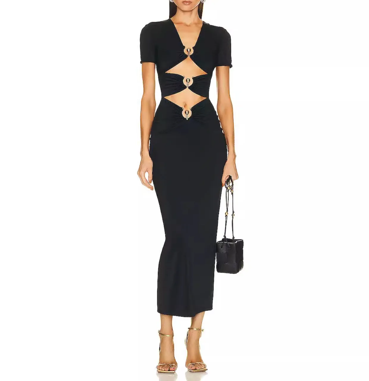 

Sexy Metal Hook Splicing Hollow Out Black Bandage Dresses Short Sleeve Zipper Midi Celebrity Evening Party Runway Bodycon Dress