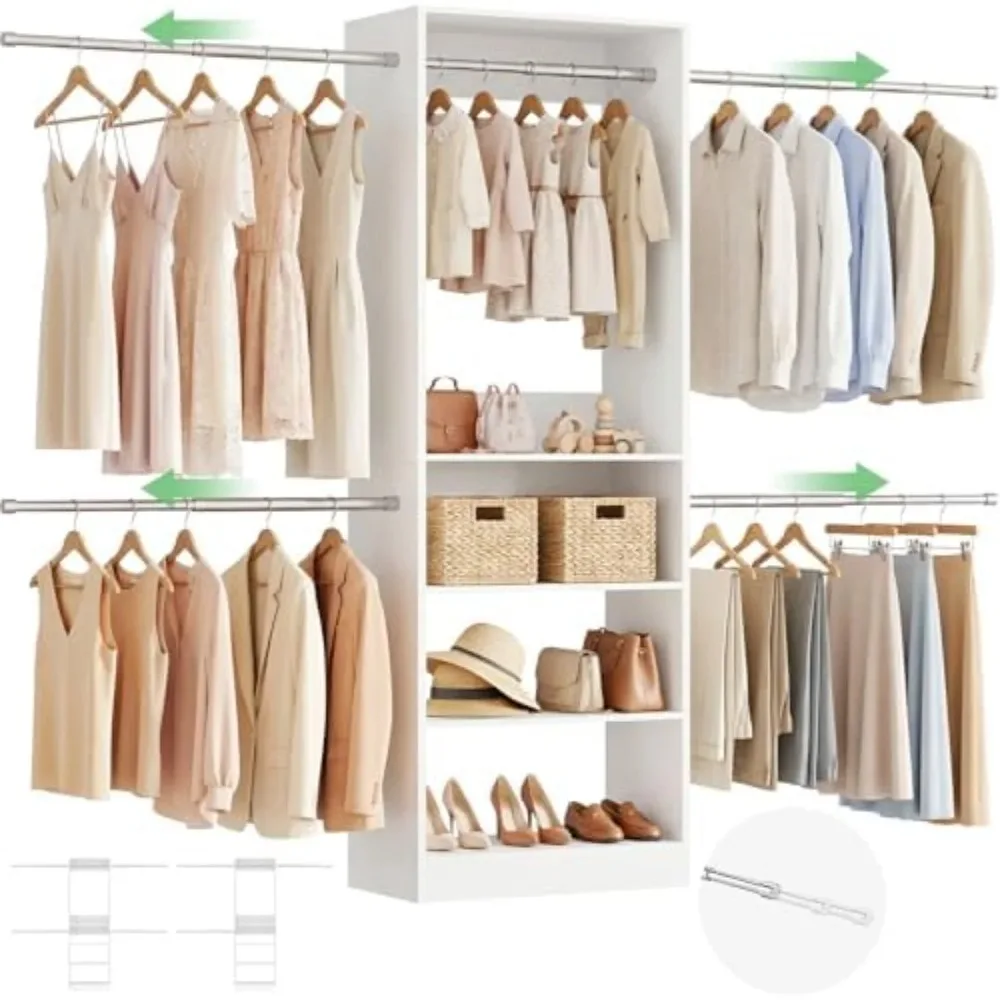 12FT Large Open Closet System, 138'' Wall-Mounted Closet Shelving with 5 Hanging Rods and 6 Shelves, Customizable