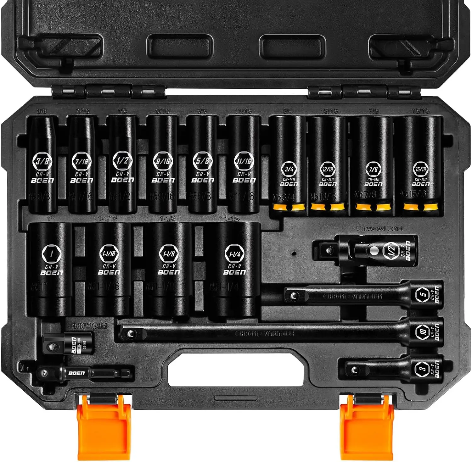 

BOEN Pro 20-Piece 1/2" Drive Deep Impact SAE Socket Set, 3/8"-1-1/4", CR-MO & CR-V Steel