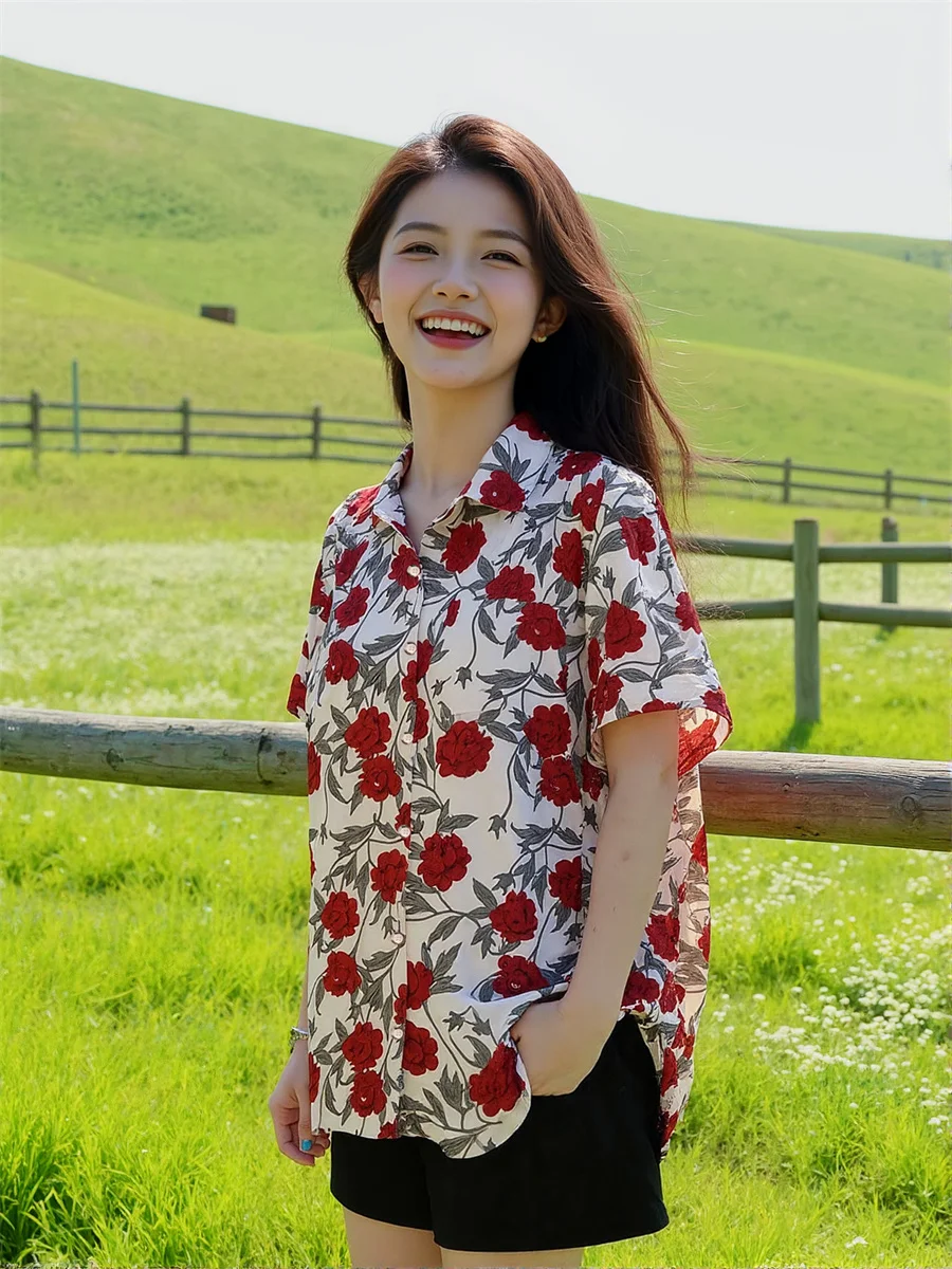 Eleganckie bluzki damskie z czerwonym kwiatowym nadrukiem, krótki rękaw, gładkie, koreańskie, oversize, białe, bawełniane, w paski, duży rozmiar, kobiece, jesienne.