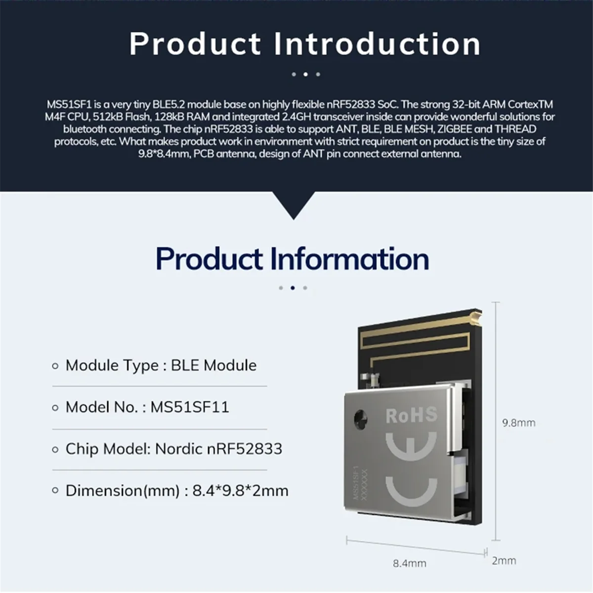 POP-l5 PCS Unique Tiny Bluetooth Module Low Consumption Bluetooth 5.2 MS51SF11 NRF52833 PCB Antenna Environmental