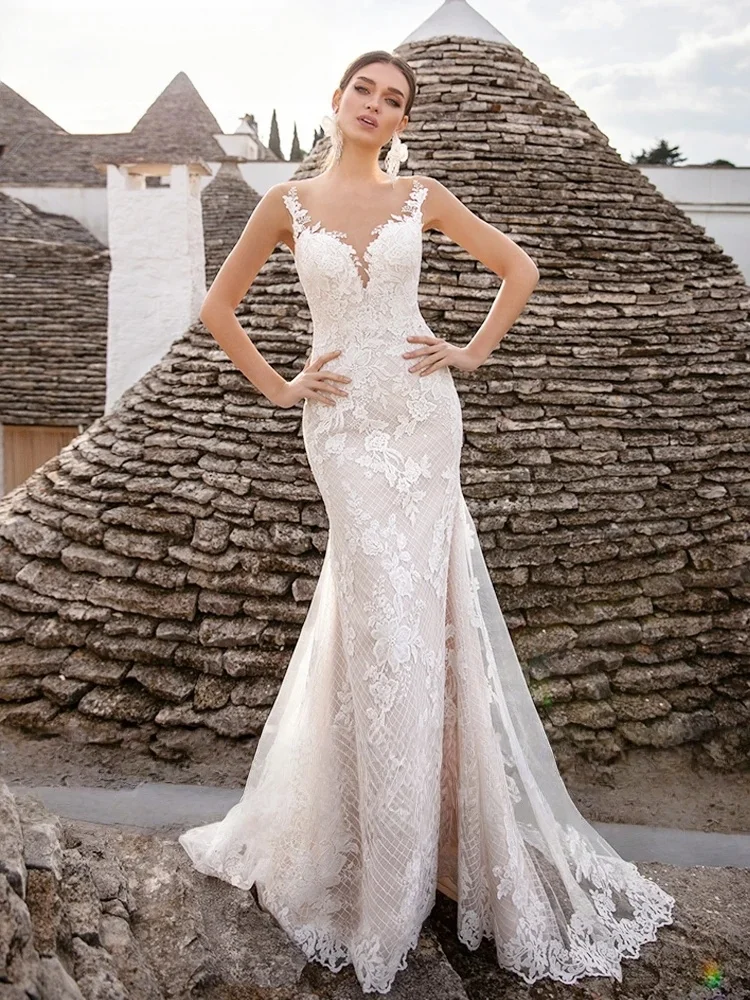 Spitze Boho Brautkleider Meerjungfrau V-ausschnitt Strand Backless Dubai Saudi-Arabien Israel Brautkleider Vestido De Novia Angepasst