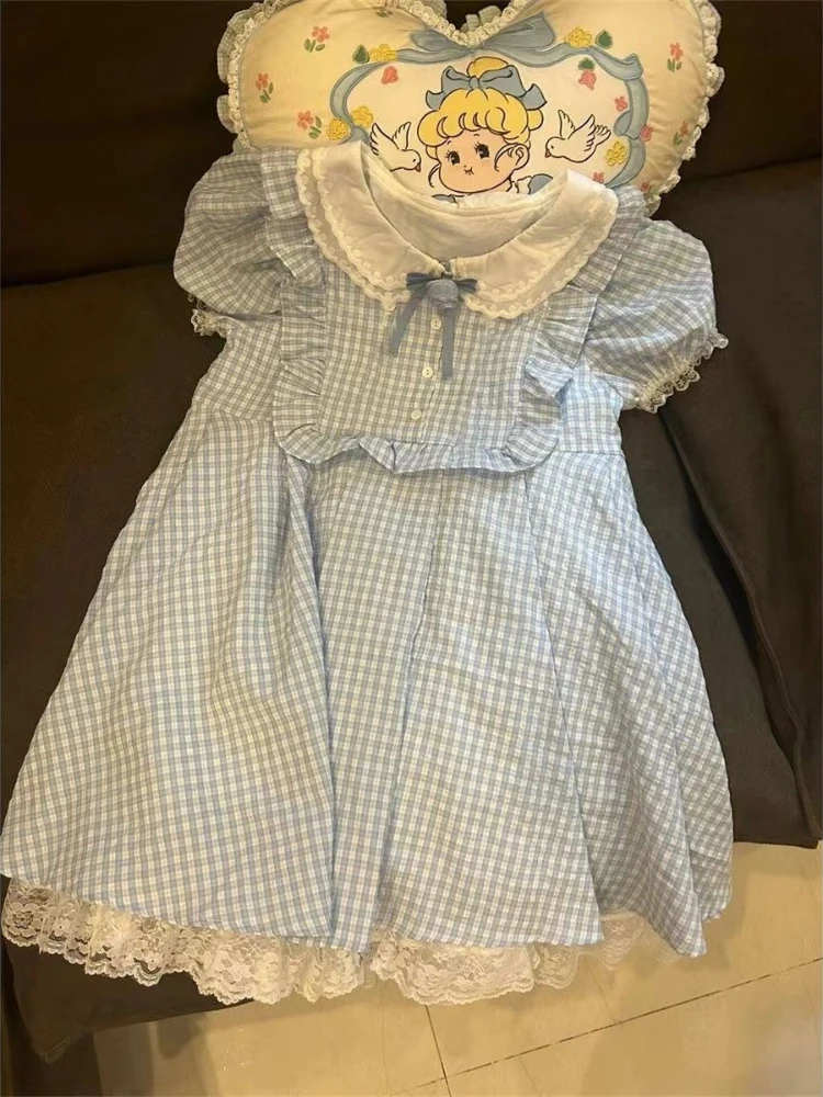 Blue Plaid Kawaii Doll Collar Shirt Dress Japanese Lace Bow Puff Sleeves Sweet Dresses High Waist A-Line Petite Girls Outfits