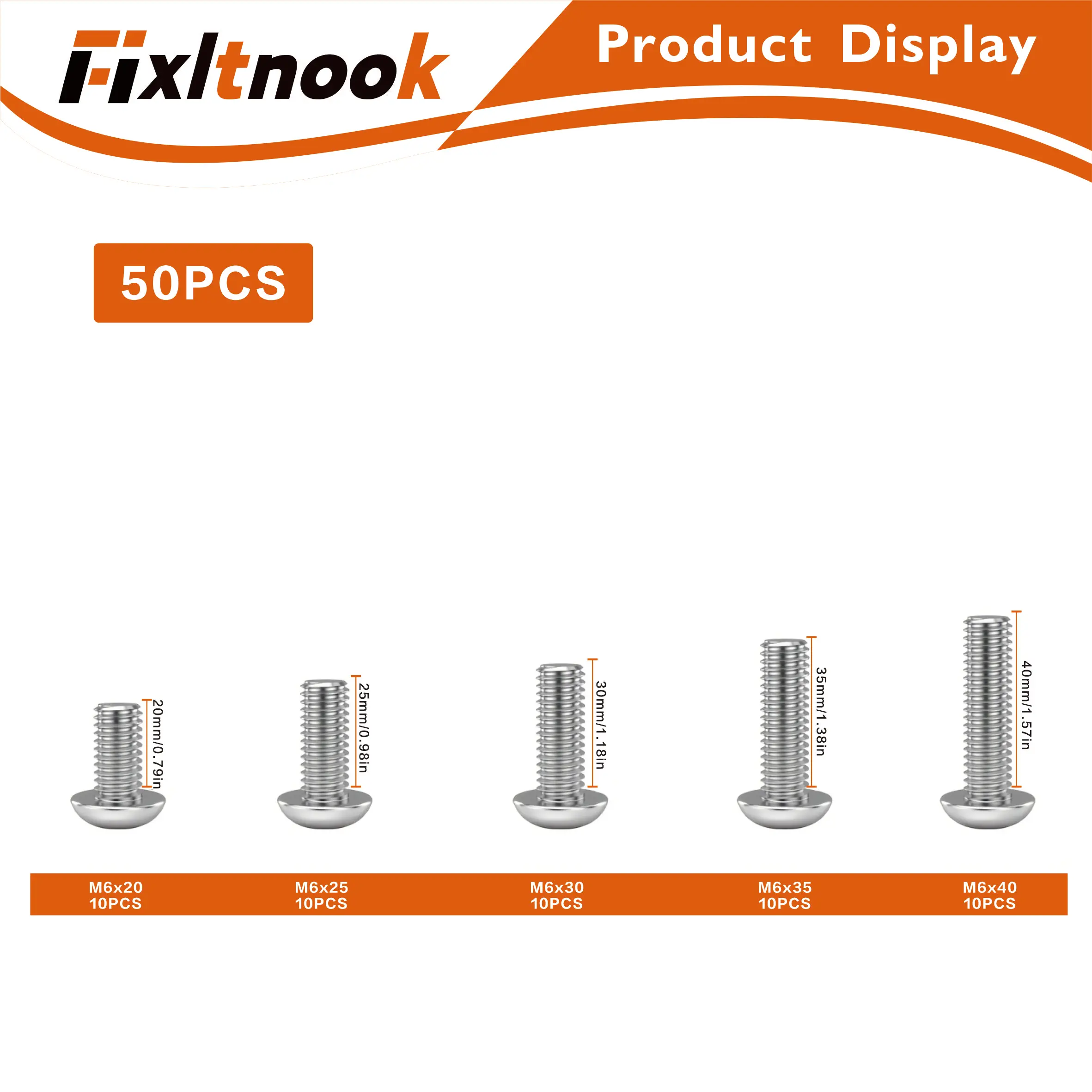 

50 pieces, M6 stainless steel screws - various sizes from 20mm to 40mm, round head hexagonal socket, full thread