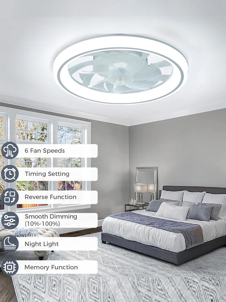 Intelligenter 2,4G Deckenventilator mit mobiler App, Fernbedienung, stufenloser Dimmung, 6-stufiger Geschwindigkeitsregulierung, für Schlafzimmer und Wohnzimmer