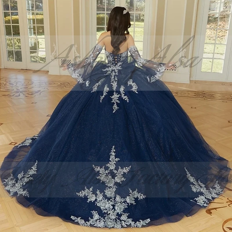 AQ225 Customized Mexican Navy Blue Prom Special Occasion Dresses Lace Applique Women Party Gown Vestido De xv Quinceanera 16 14