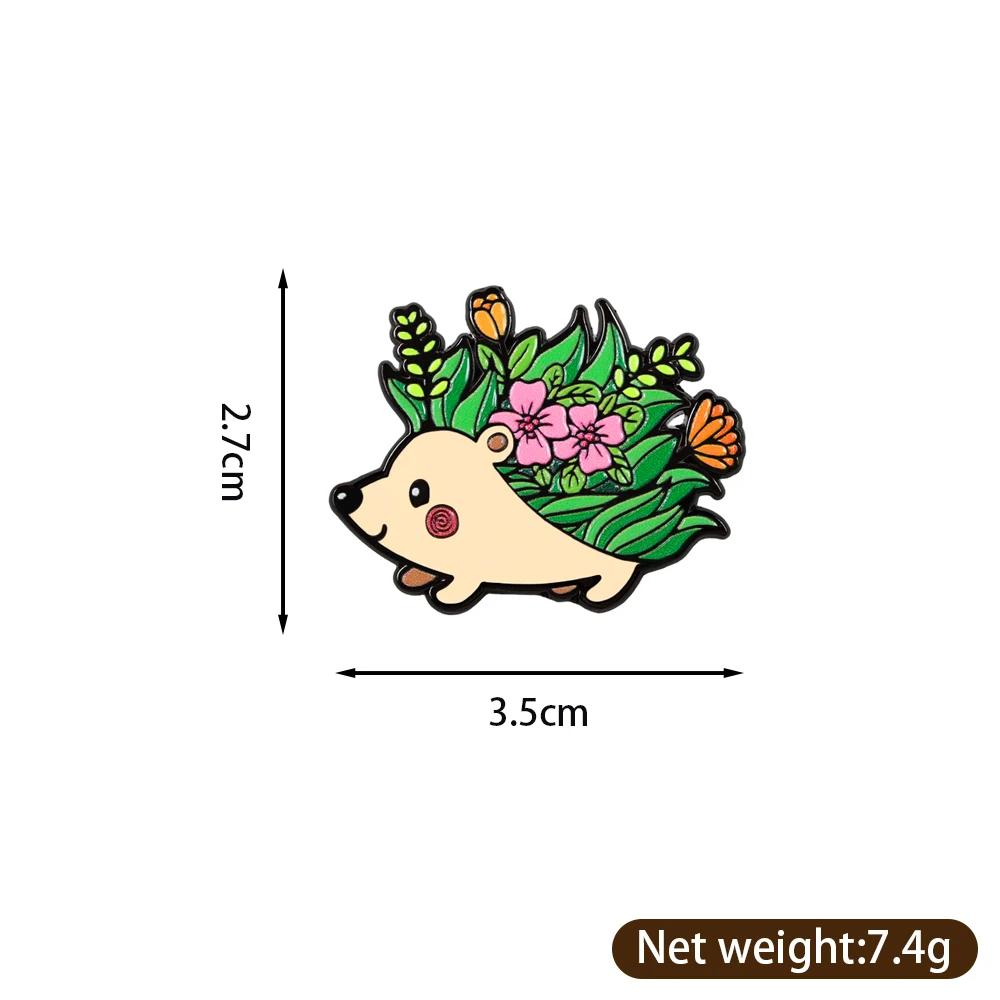 Niedliche Garten-Brosche mit Igel-Motiv, Cartoon-Garten-Abzeichen, Blumen- und Tier-Emaille-Anstecknadel, kreative Rucksack-Dekoration – Detail 2