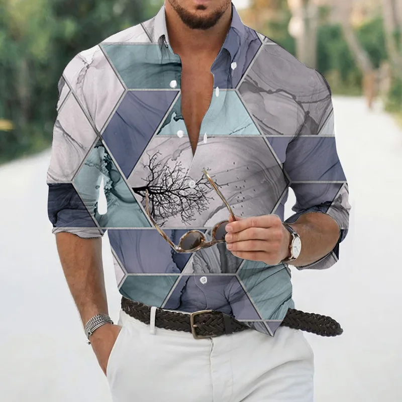 Men's Autumn Geometric Plaid Color Changing 3D Printed Long Sleeve Shirt Hawaii Beach Vacation Casual Beach Outdoor Clothing