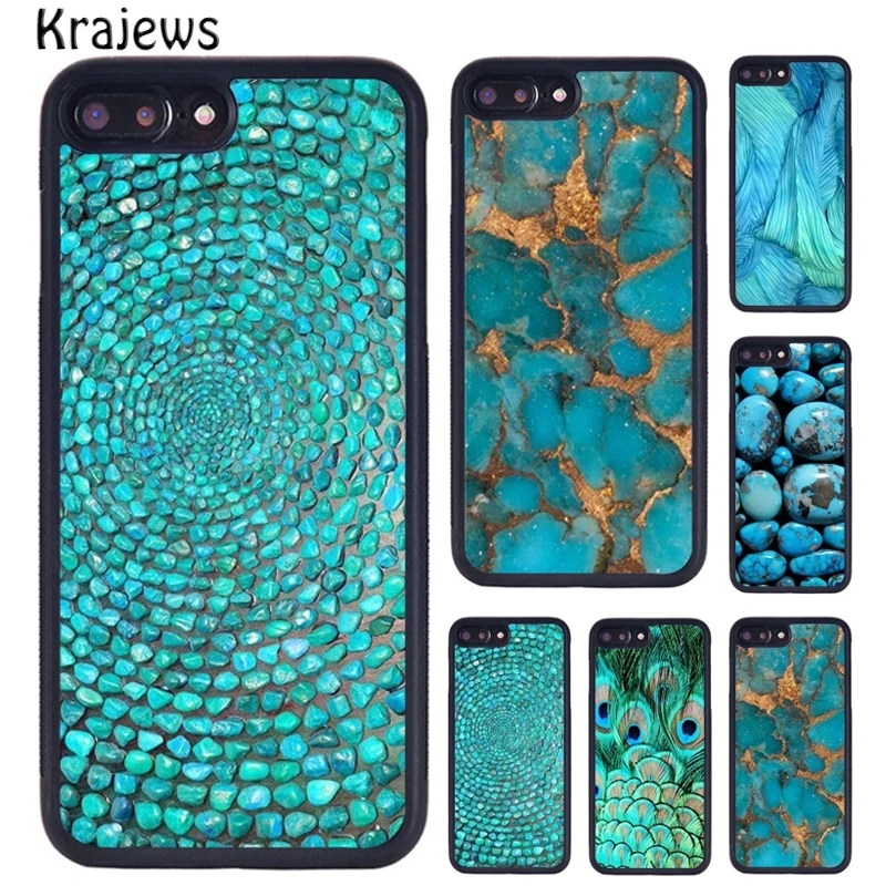 Krajews Turquoise Stone Flora Peacock Feather Phone Case For iPhone 16 15 14 plus 11 12 mini 13 Pro XR XS Max coque