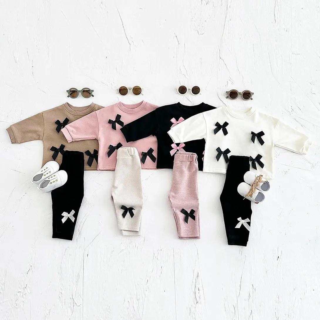 

Весенне-осенние комплекты детской одежды с бантом для новорожденных из 2 предметов, пуловер с длинными рукавами для маленьких девочек + штаны, костюм для младенцев