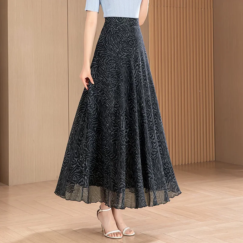 

New Women Spring Summer Long Skirt Fashion High Waist A-Line Print Chiffon Dress Casual Flowing Daily Floral Dress