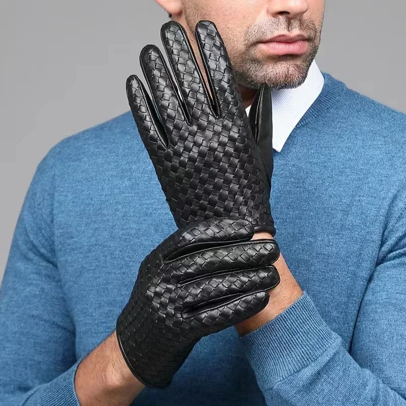 Men's Genuine Leather Plaited Gloves Real Sheepskin Black Thickening Fur Gloves Button Fashion Brand Winter Warm Mittens