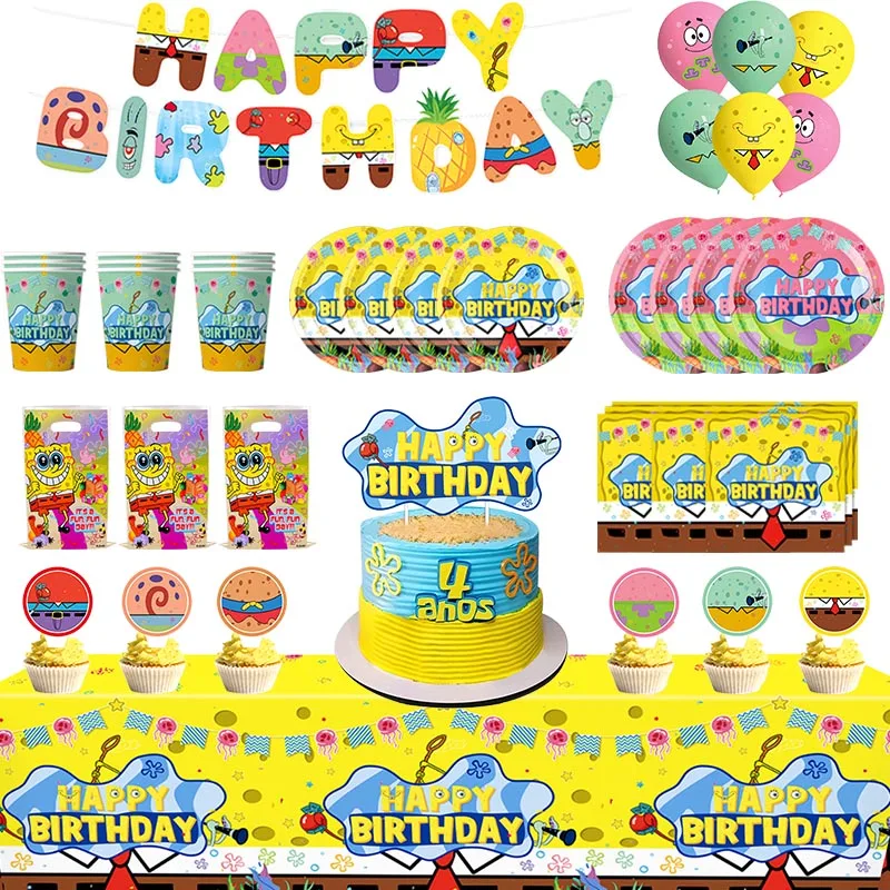Cartoon Spongebob Geburtstagsparty Dekoration Einweg-Tischgeschirr Becher Teller Servietten Ballon Hintergrund für Kinderparty-Zubehör – Detail 1