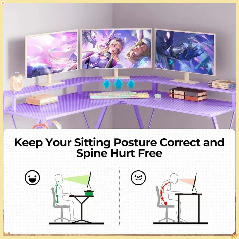 EN: Cooler LED-Gaming-Schreibtisch 50,4" L-Form mit Steckdosen, Oberseite aus Kohlefaser und Monitorständer