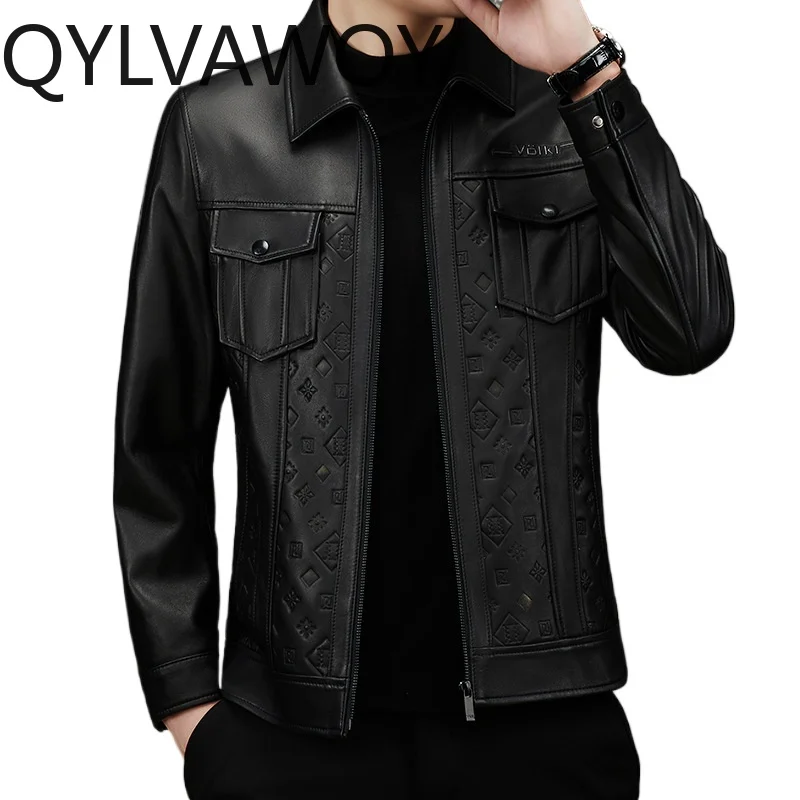 

QYLVAWOY Real Leather Jackets Man Sheepskin Black Jacket Short Motorcycle Jacket Lapel Coats Stylish Jackets for Man Chaqueta